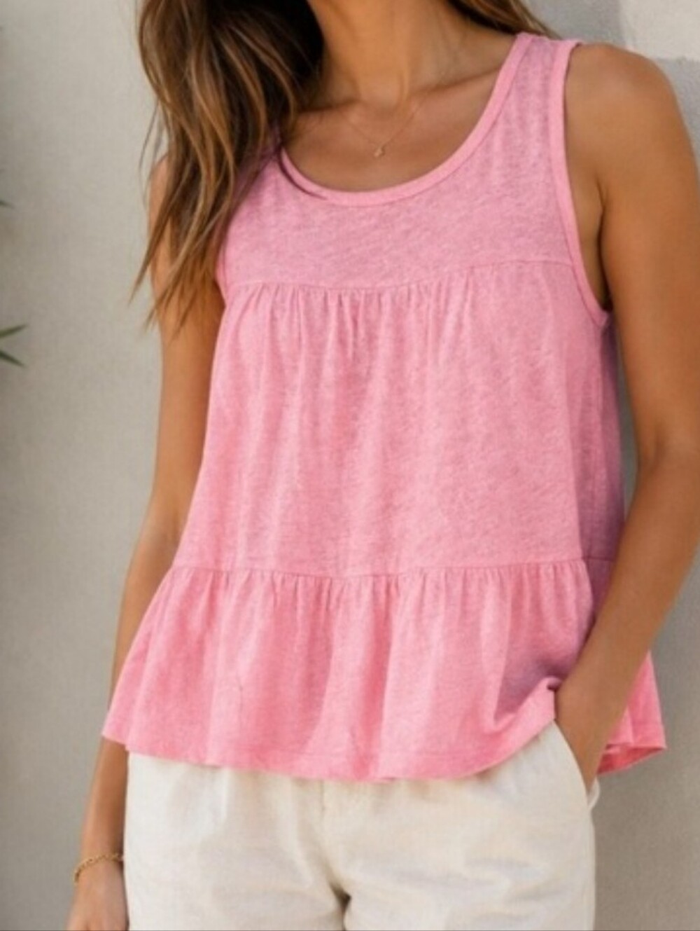 J. Crew Pink Tiered Sleeveless Tank Coastal Size L Cottage Core